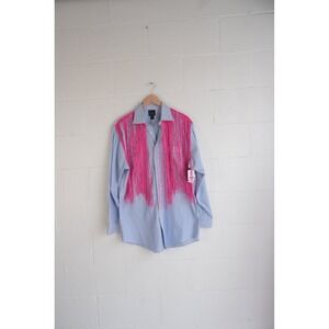 Jos. A. Bank Button Up Shirt Womens 16.5 Blue White Striped Pink Fringe Tailored